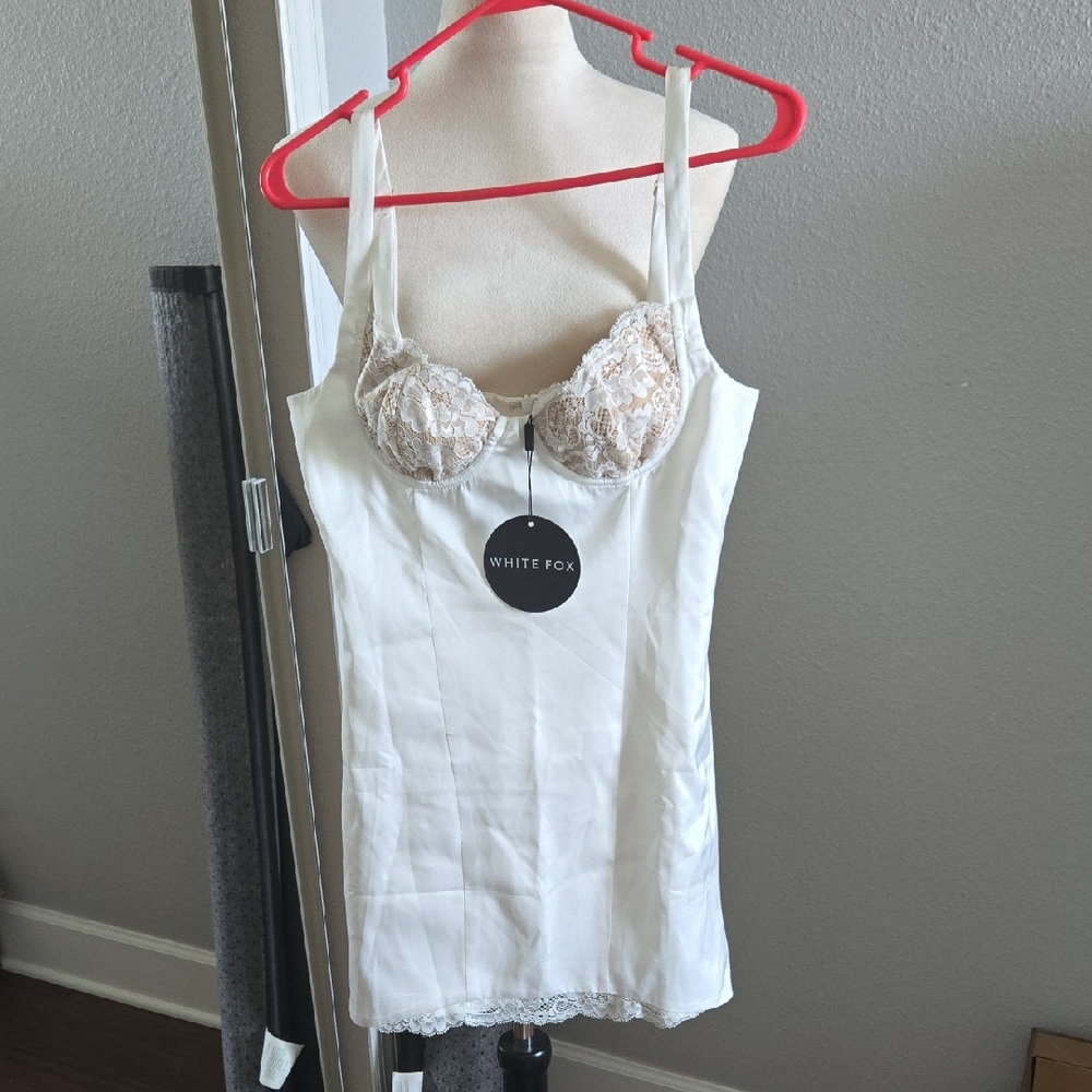 Cream Chemise dress with Lace Details and Thin Straps